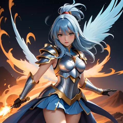 une femme, 25 ans, manga, cheveux longs, cheveux de couleur bleue, blue hairs, grey armor, armure de couleur grise, armure du phoenix de couleur grise, jupe en plumes de phoenix, phoenix feather skirt, pink shest armour, saint seiya, ikki, phoenix, casque,...