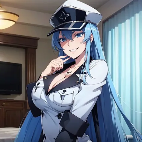 1 girl with long blue hair, blue eyes, blue eyelashes, no shirt, wearing captain's hat, big breasts, smiling, in a room