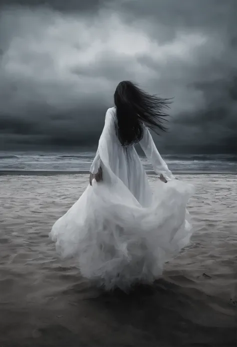 Arafedka in a white dress runs along the sand, she floats in the air, flowing hair and long robes, Dramatic Magic Floating Pose, Floating Ghost, white hair floats in the air, spectacular floating pose, hair fluttering in the wind, hovering above the ground...