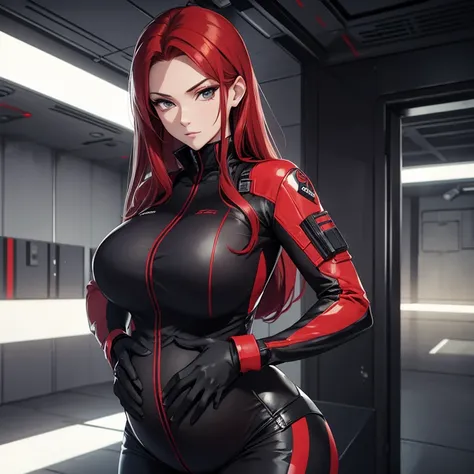 Sexy pregnant spy, red hair, beautiful detailed face, tight black tactical suit