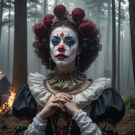 Commercial photography of a beautiful woman clown with mouth opened wide in a pine forest with a circus tent in the background and a camp fire (foggy:1.2), silhouetted in soft shadow, clowns hiding behind trees peaking their heads out to spy on us. (photog...