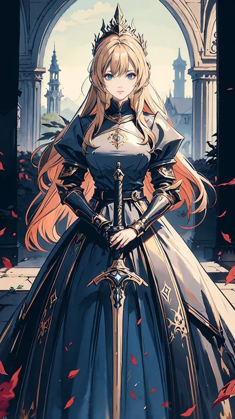 royal knight, 1girl, weapon, solo, gauntlets, sword, holding, holding weapon, long hair, holding sword, armor, looking at viewer, blonde hair, skirt, closed mouth, puffy sleeves, blue eyes, breasts, braid, huge weapon, standing, dress, royal garden, outdoo...