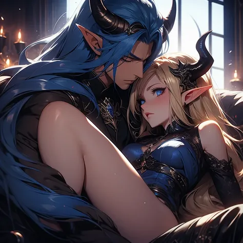 female adult elf with darkblonde hair, and a male elf dark blue long hair and demon horns male with dark blue hair and demon horns having sex, sex, dominant male