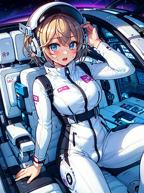 very detailed、(futuristic spaceship interior):1.5、married woman1 person，short bob，golden hair,(space helmet):5, (white space sui...