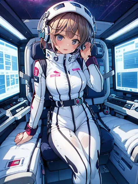 very detailed、(futuristic spaceship interior):1.5、married woman1 person，short bob，golden hair,(space helmet):5, (white space sui...