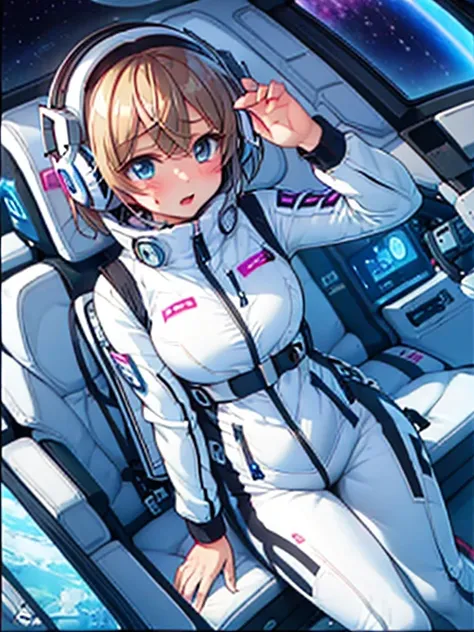 very detailed、(futuristic spaceship interior):1.5、married woman1 person，short bob，golden hair,(space helmet):5, (white space sui...