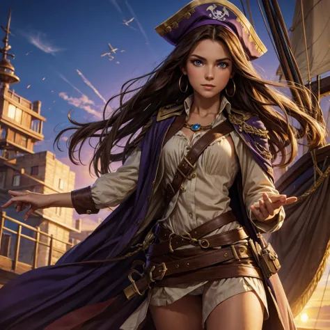 Mary has long light brown hair purple eyes and a very fair complexion. She is a pirate and has a ship