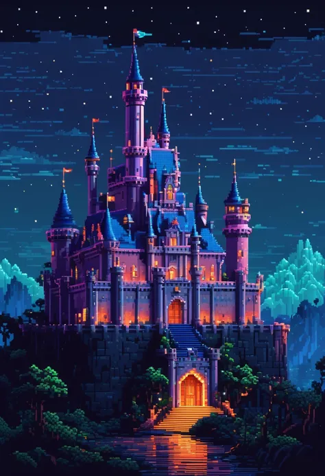 Crie umas pixel art de um castelo mau assombrado muito grande, de noite