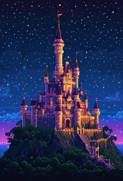 Crie umas pixel art de um castelo mau assombrado muito grande, de noite