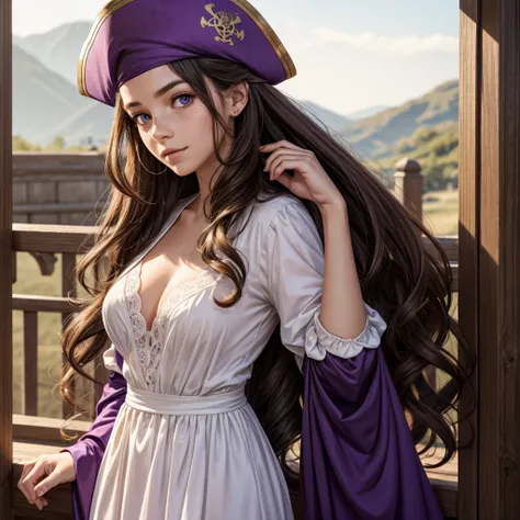 Mary is young she is 17 and has long curly brown hair, purple eyes and a pale complexion. Mary is a pirate princess Mary has freckles all over her nose