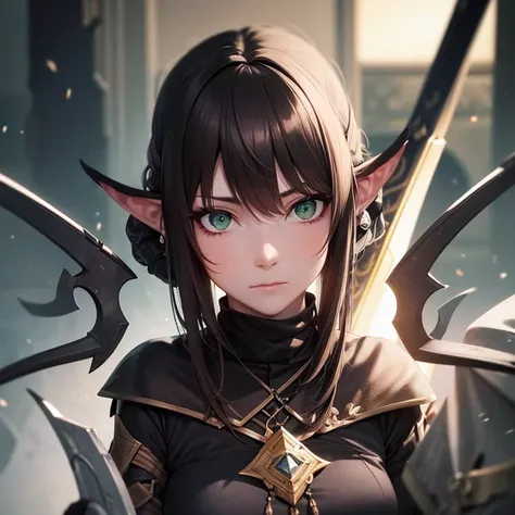 (best quality,4k,highres:1.2),ultra-detailed,realistic:1.37,portrait,elven woman,pale skin,brown hair,green eyes,long ears,angry,black short clothes,magical black broadsword,red eye on blade,dark fantasy,sharp focus,studio lighting,vivid colors, determined...