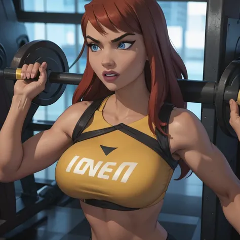 Shes a young, slender woman with short, vibrant red hair and bright blue eyes, dressed in fitted gym attire. Confident and determined, she exudes assurance with a strong posture and a self-assured expression. Her domain is the gym, where her infectious ene...