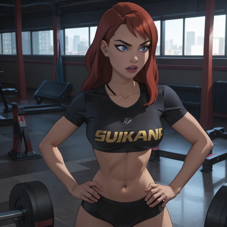 Shes a young, slender woman with short, vibrant red hair and bright blue eyes, dressed in fitted gym attire. Confident and determined, she exudes assurance with a strong posture and a self-assured expression. Her domain is the gym, where her infectious ene...