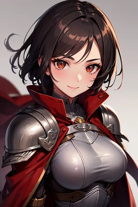 beautiful woman with short dark hair, brown eyes, full silver metal armor, red cape, brown leather clothes, smile, completely white background, no background