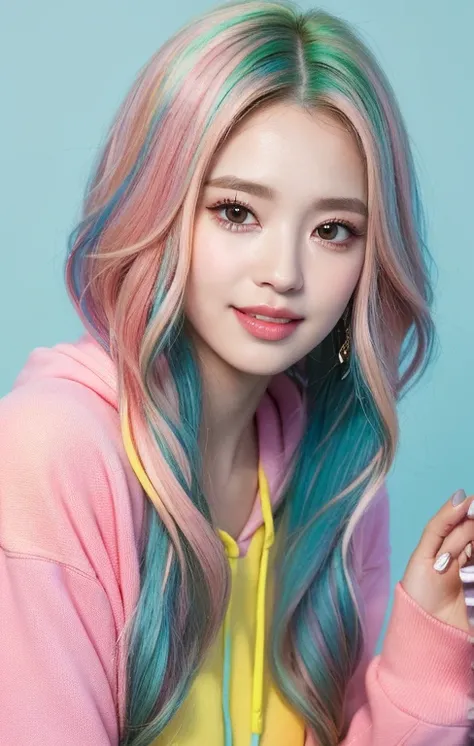 Portrait of a sweet casual look hairstyle for spring and summer, a close up of a realistic person with a cute face and a round cheeks, hair over one eye, streakes hair,  (long blue hair:1.5), (streaked hair orange:1.3), (streaked hair green:1.3), (streaked...