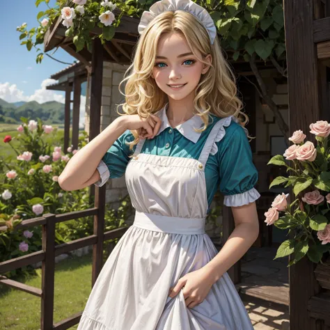 a 17-year-old girl, good person, pale skin, short very curly dirty blonde hair,  hair covering the ears, teal eyes, animal power, flower manipulation, kind, maid clothes, fully dressed, shirt on, no muscles, pretty, smiling softly