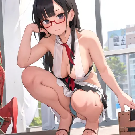 highest quality, Super detailed, shape,
1 girl, Glasses, black hair, long hair, black eye, , blush, looking at the viewer,
kaidan, stage, scenery, window, realistic, photograph background, photograph (Moderately) squat、embroidery panties、embroidered camiso...