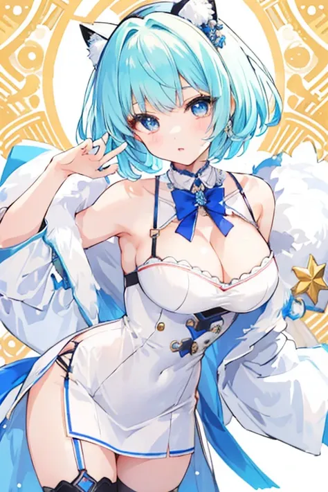 Yunagi is a very cool and very cute girl. Her body is slender, and her large breasts are emphasized. White bobcut hair is fluffy and very girly. She is a cyberpop idol who always captivates those around her with her appearance. You are my target tonight.