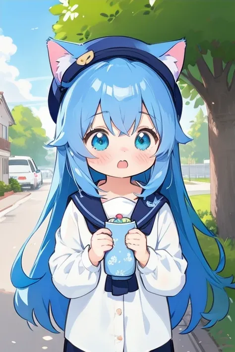 1girl, nekomimi, blush, (masterpiece:1.2), (solo:1.2), (female:1.1), (emphasis lines:1.3), (blue hair:1.3), long hair,cat headwear, outdoors, blue eyes, surprised, white shirt