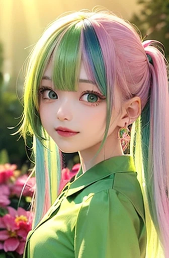 small face、 (alone:1.5,)Super detailed,bright colors, very beautiful detailed anime face and eyes, look straight,  shiny_skin,girl, (((rainbow colored hair, colorful hair, 半分はgreen、half pink hair: 1.2))),、shiny hair, delicate beautiful face, blush、Glasses、...