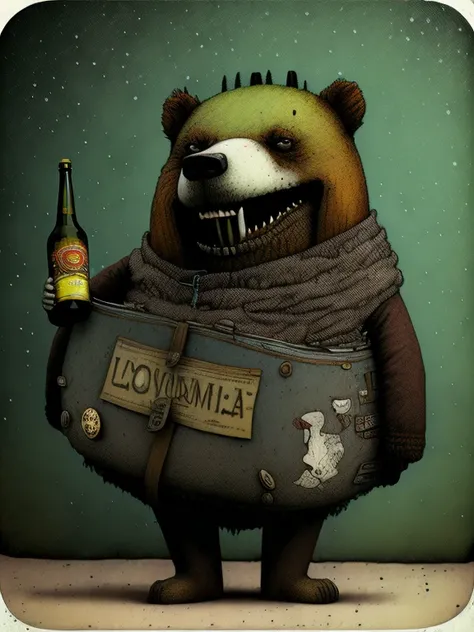 A bear holding beer bottle, colorido, punk, feliz, optimista, Don Hertzfeldt, El Bosco, Gabriel Pacheco