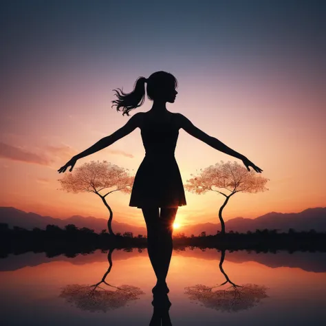 (masterpiece, best quality:1.2), 1girl, solo,standing_split, 
Silhouette Art of 1girl, multiple exposure, sunset, enhance, intricate, (best quality, masterpiece, Representative work, official art, Professional, unity 8k wallpaper:1.3)