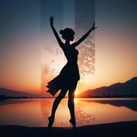 (masterpiece, best quality:1.2), 1girl, solo,standing_split, 
Silhouette Art of 1girl, multiple exposure, sunset, enhance, intricate, (best quality, masterpiece, Representative work, official art, Professional, unity 8k wallpaper:1.3)