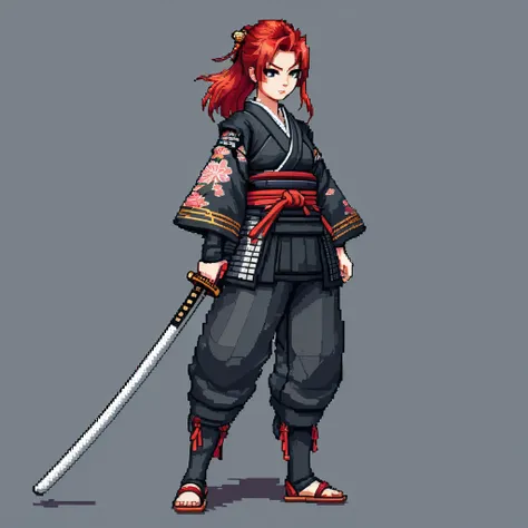 Make a pixel art of a girl with red hair, in a samurai outfit, with her entire body appearing, Do something serious, showing anger, Make it much simpler