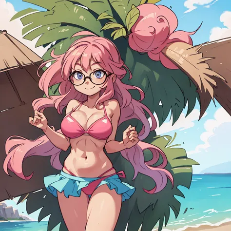 (best quality:1.2), cowboy shot, (solo):1.5, (1girl):1.5, glasses, long fluffy pink hair, gorgeous body, slight smile, (bikini clothes), under palm on a windy beach, delicate abs, hair blowing, navel exposed, mid breasts, oil painting, ultra-detailed, prof...