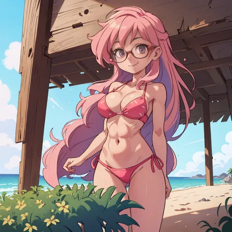 (best quality:1.2), cowboy shot, (solo):1.5, (1girl):1.5, glasses, long fluffy pink hair, gorgeous body, slight smile, (bikini clothes), under palm on a windy beach, delicate abs, hair blowing, navel exposed, mid breasts, oil painting, ultra-detailed, prof...