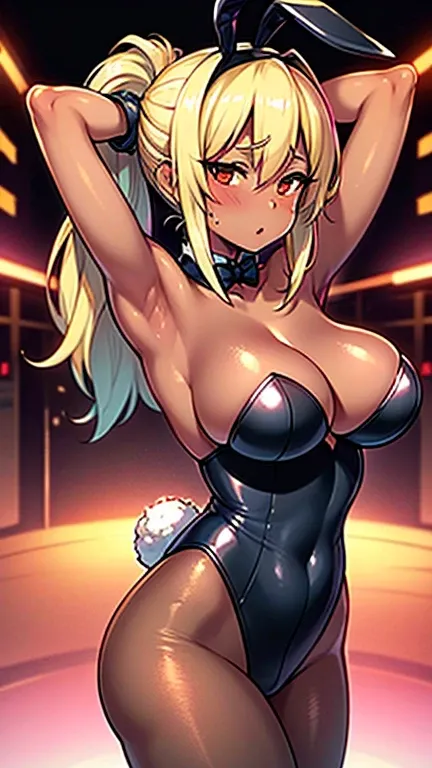 brown skin、big breasts、adult woman、hands tied behind head、bunny girl costume、Blonde long ponytail、pantyhose、red light district