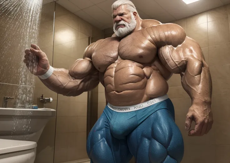 Wide medium shots, ground level camera shot, (best quality,4k,8k,highres,masterpiece:1.2),ultra-detailed,(realistic,photorealistic,photo-realistic:1.37),((massive muscular)) ((huge Muscular)) old man standing bathroom, showered,  underpants , white hair, s...