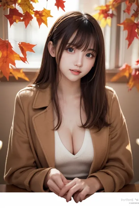 table top, highest quality, One girl, (beautiful girl:1.3), (18-year-old:1.3), very fine resolution, (symmetrical eyes:1.3), (autumn leaves), (long coat:1.2), beautiful breasts, brown eyes, parted bangs, brown hair,  girl