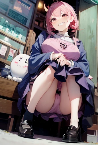 grin、smile、Little devil type、big breasts、pink apron