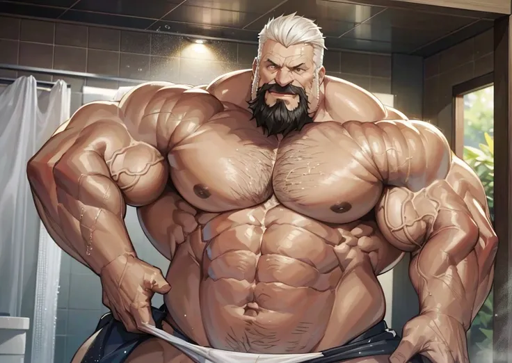 Wide medium shots, ground level camera shot, (best quality,4k,8k,highres,masterpiece:1.2),ultra-detailed,(realistic,photorealistic,photo-realistic:1.37),((massive muscular)) ((huge Muscular)) old man bathing in bathroom, showered, wet, soap, bubble,  under...