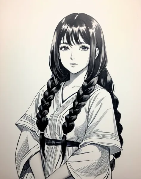 lynn minmay, 1 garota, sozinho, monochrome, braid, olhando para o espectador, vestir, cabelo longo, traditional media, assinatur...