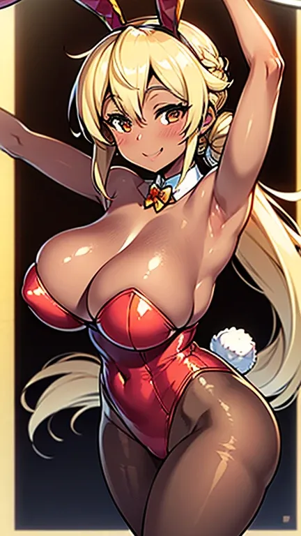 brown skin、big breasts、smiling adult woman、Gold Bunny Girl Costume、Blonde long ponytail、pantyhose、red light district