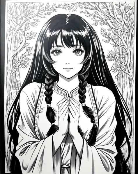 lynn minmay, 1 garota, sozinho, monochrome, braid, olhando para o espectador, vestir, cabelo longo, traditional media, assinatur...