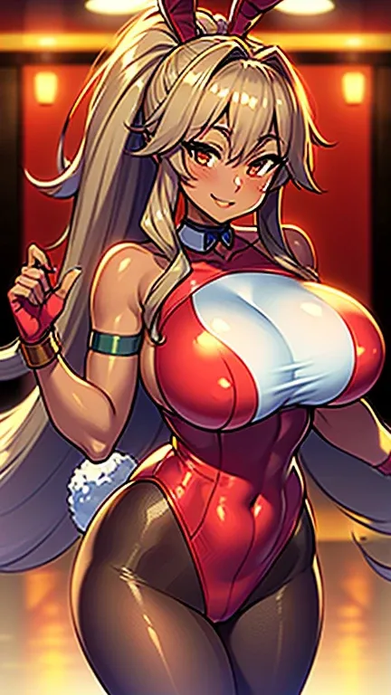 brown skin、big breasts、smiling adult woman、Gold Bunny Girl Costume、long ponytail、pantyhose、red light district