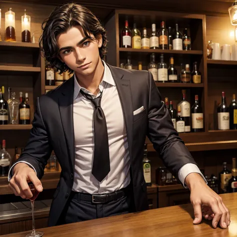 a 17-year-old boy, good person, tan short black wavy hair, Hazel eyes, bartender, suit, formal clothes, fully dressed, shirt on, with muscles, attractive, medieval, flirty