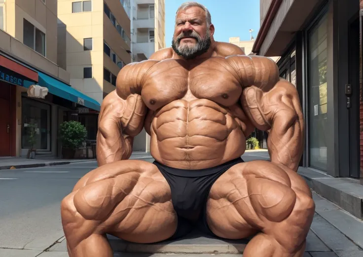 Wide medium shots, ground level camera shot, ,((hyper muscular)) old man sitting in sidewalk, black underpants , hyper muscle, hyper pectoral, hyper bicep, hyper arms, bulge, white and short hair, super thick arms, super big pectoral, super wide pectoral, ...