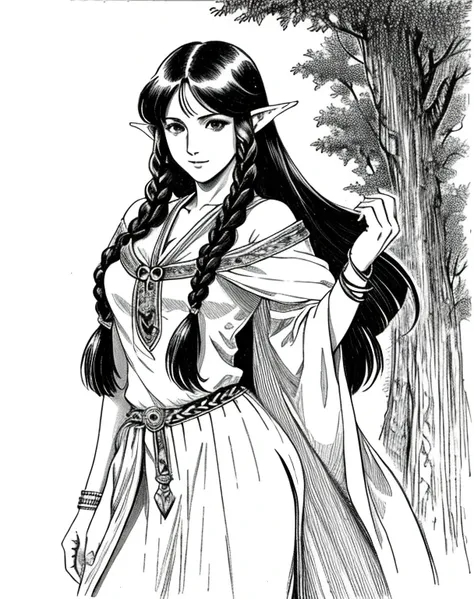 lynn minmay, 1 female elf, sozinho, monochrome, braid, olhando para o espectador, vestir, cabelo longo, traditional media, assin...