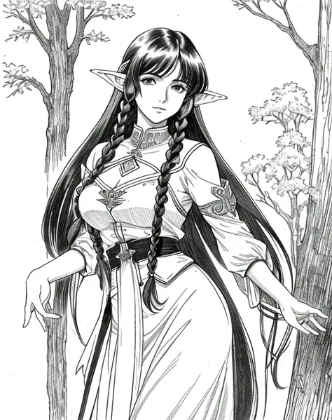 lynn minmay, 1 female elf, sozinho, monochrome, braid, olhando para o espectador, vestir, cabelo longo, traditional media, assin...