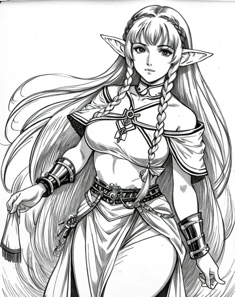 lynn minmay, 1 female elf, sozinho, monochrome, braid, olhando para o espectador, vestir, cabelo longo, traditional media, assin...