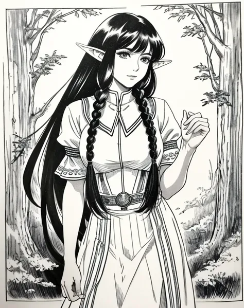 lynn minmay, 1 female elf, sozinho, monochrome, braid, olhando para o espectador, vestir, cabelo longo, traditional media, assin...