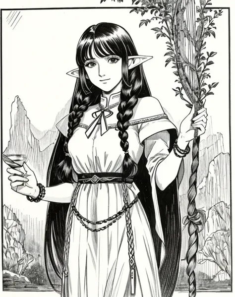 lynn minmay, 1 female elf, sozinho, monochrome, braid, olhando para o espectador, vestir, cabelo longo, traditional media, assin...