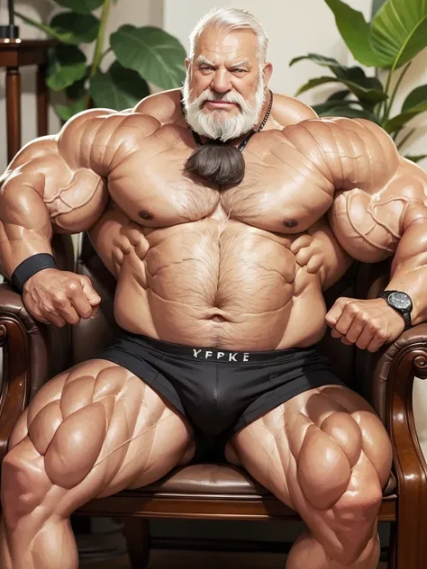 Wide medium shots, ground level camera shot, ,((hyper muscular)) old man sitting in chair, hand on chest, black underpants , hyper muscle, hyper pectoral, hyper bicep, hyper arms, bulge, white and short hair, super thick arms, super big pectoral, super wid...