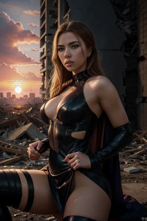 scarlett johansson、Lying down、torn suit、Im wearing a skirt、masterpiece, 1 girl, マーベルのサイロックとしてbeautiful女性, X-Men Psylocke Cosplay、purple suit、Fine and delicate features, Futuristic New York Background, Science fiction, blonde, super heroine, heroic, perfect...