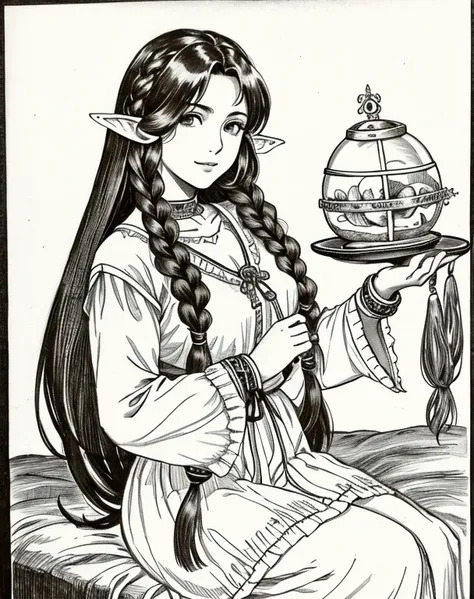 Lynn Minmay, 1 female elf, Sozinho, monochrome, braid, olhando para o espectador, vestir, cabelo longo, Traditional media, assinatura, franja,orelhas de elfo, inventar, own hands lift skirt,expor calcinha , cabelo branco, tronco, batom, furar cabelo, nome ...