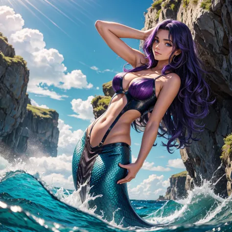 a 17-year-old girl, good person, olive skin, long very curly blue highlighted hair, purple eyes, ocean power, water manipulation, kind, no muscles, pretty, corset, full mermaid tail, sea shell top, in the ocean, bubbles, water powers